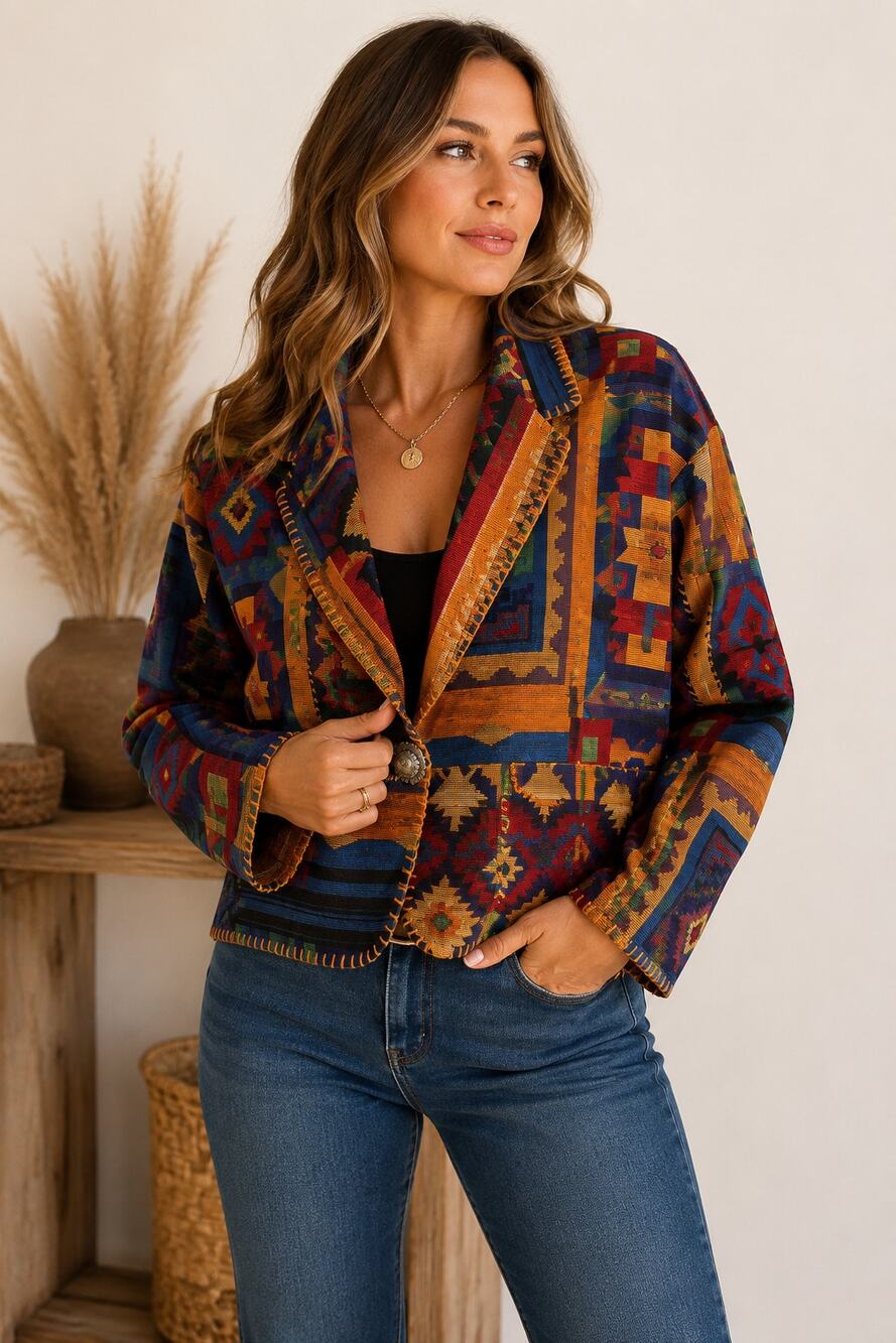 Rhonda Stark Jacket XL Southwestern Aztec Tapestry Concho Button Western Boho